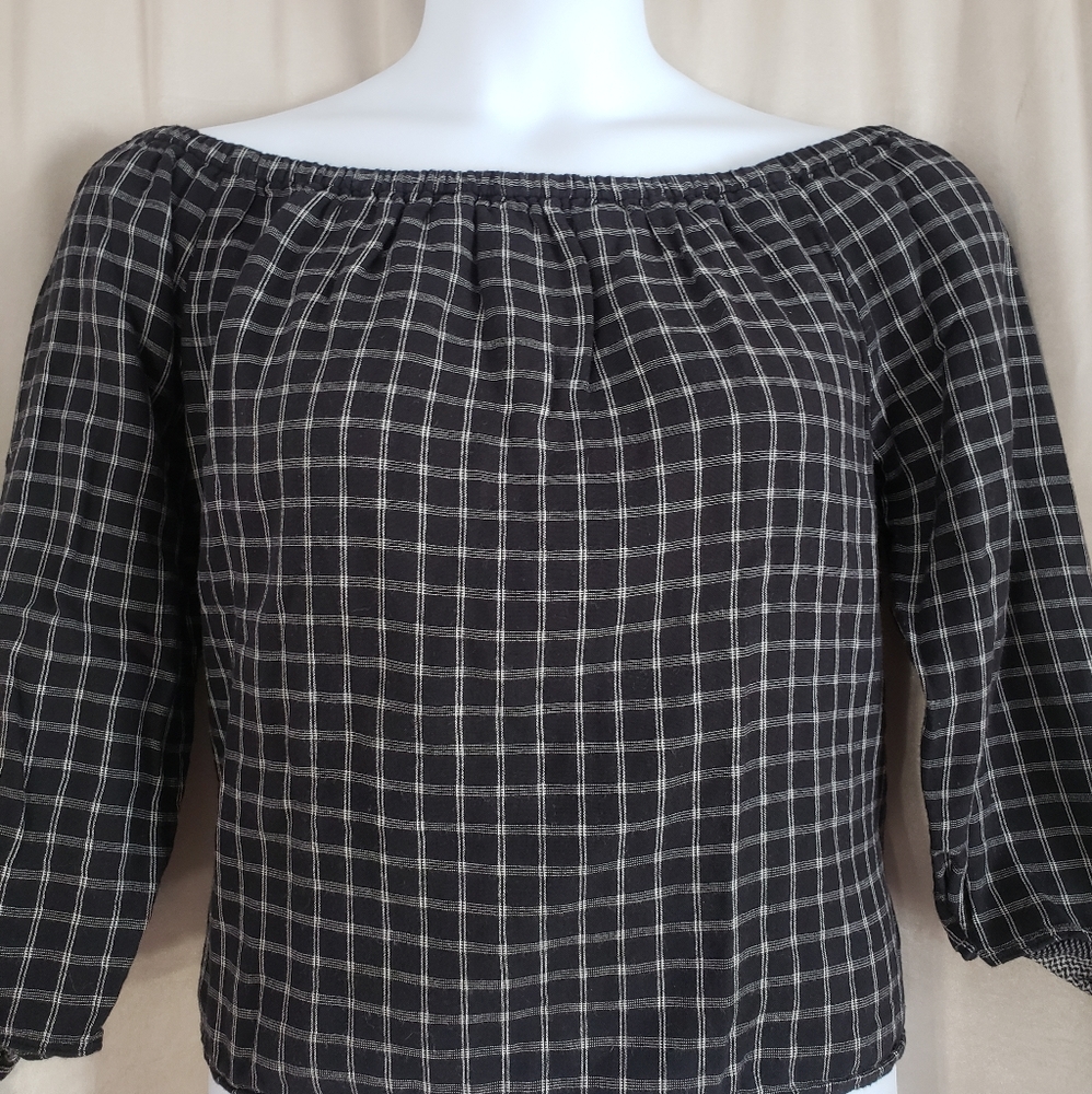 NWOT Madewell black checked off the shoulder flannel crop top Womens Lar… - Picture 4 of 6